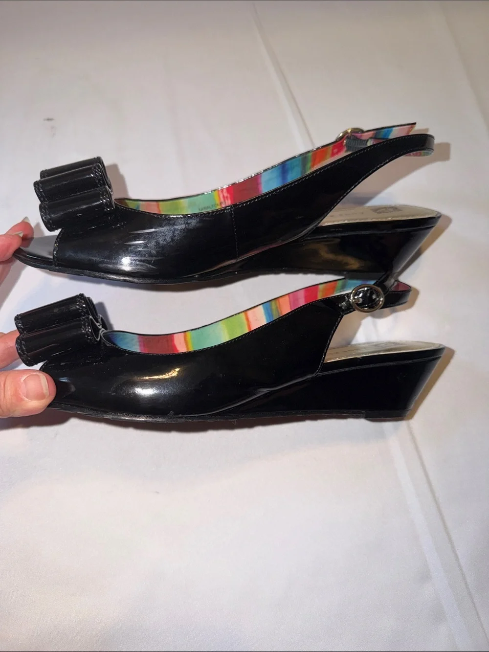 Anne Klein Black Wedge Slingback Patent Leather Low Heeled Shoes Size 9